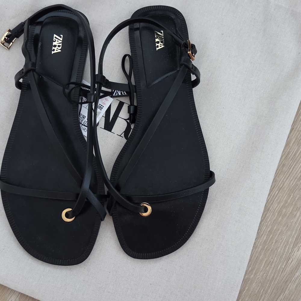 Zara Elegant Black Sandals with Gold Accents